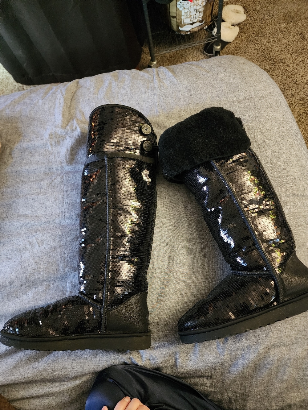 UGG Black Sequin Over The Knee Sz 8 NEW (No Box) Fur Lined Sparkle Winter Boots - Picture 6 of 7